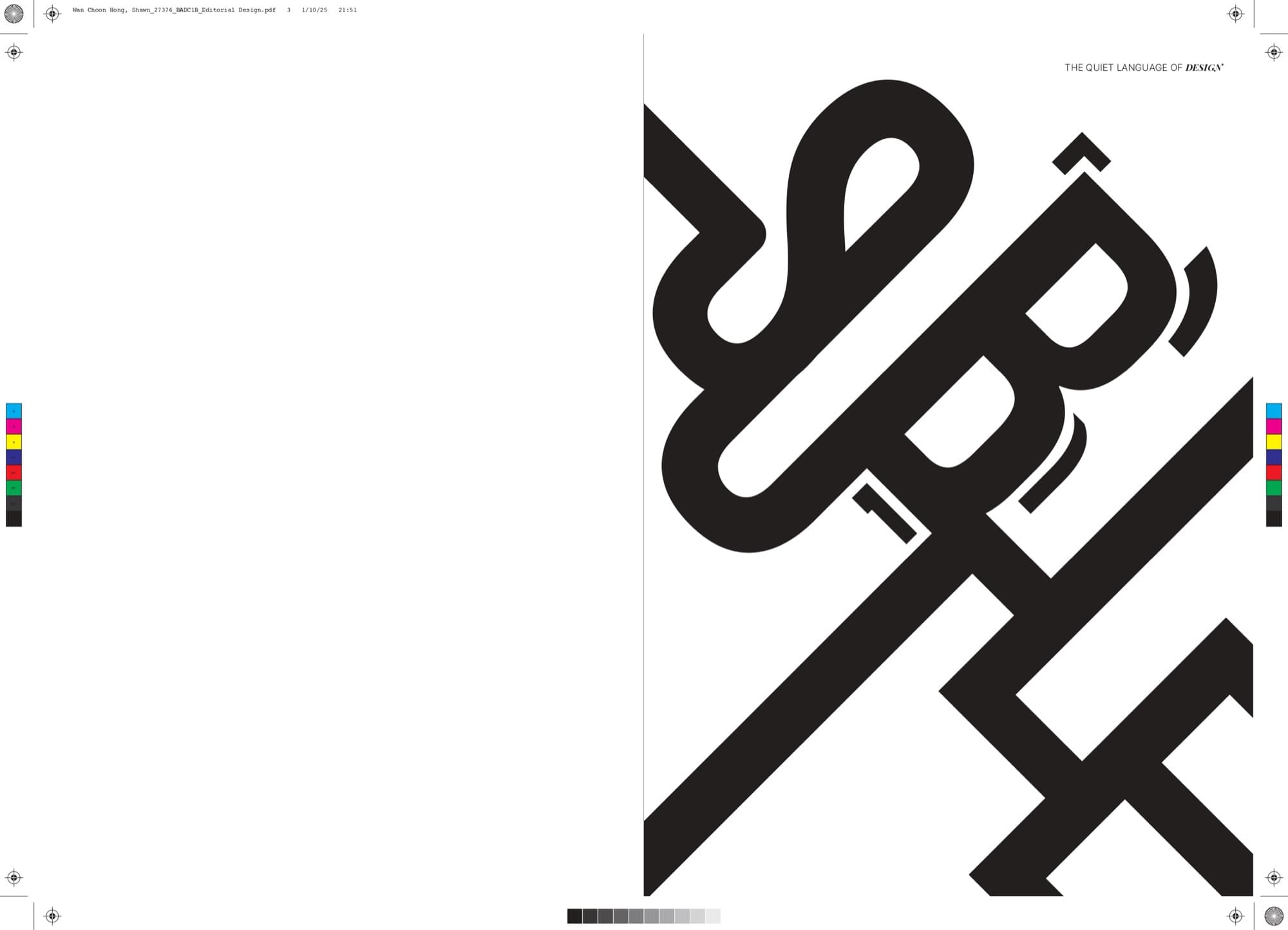 Editorial spread — 'The Quiet Language of Design', display letterforms